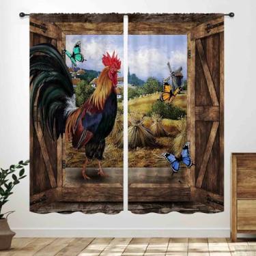 Imagem de Cortinas de cozinha de galo de fazenda, porta de celeiro de madeira, retrô, country, vintage, galinha, borboleta, decoração de janela, tratamento para quarto, sala de estar, 2 painéis, 106 x 113 cm