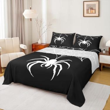 Imagem de Jogo de lençol casal de teia de aranha, inseto aracnídeo, aracnídeo, animais, meninos, mulheres e homens, feliz dia das bruxas, preto e branco, 4 peças (elástico + plano + 2 fronhas)