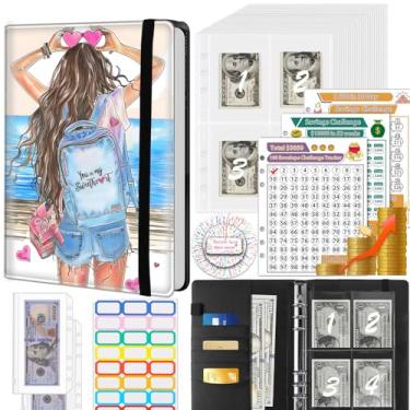 Imagem de Fichário para economizar dinheiro, 100 envelopes, desafio de economia de dinheiro, fichário de orçamento e 3 rastreadores de orçamento, livro de couro PU A5 para economizar dinheiro, linda garota