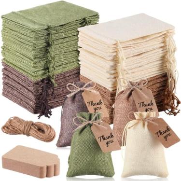 Imagem de Woanger 100 sacos de presente de serapilheira com 100 peças de etiquetas de presente de papel kraft com cordão, sacos de estopa a granel para artesanato de festa de casamento DIY (10 x 15 cm, bege