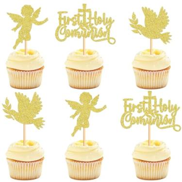 Imagem de Ercadio 24 Pack Mi Bautizo Cupcake Toppers Gold Glitter Cross Angel Dove Religious Cake Picks for Baptism Theme Baby Shower Kids Birthday Party Supplies