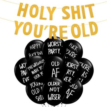 Imagem de BestoFun Holy Shit You're Old Banner Funny Abusive Old Age Birthday Party Balloons Over The Hill Birthday Decorations Retirement Birthday Decoration Humor Fun Gag Balloon for Old Adults