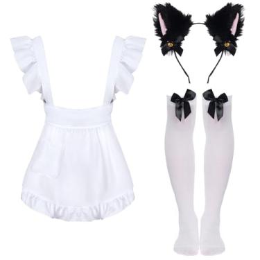 Imagem de hoyuwak French Maid Costume Adjustable Retro Maid Ruffle Apron with Furry Cat Ears Knee-High Stockings for Halloween Costume Cosplay