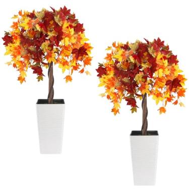 Imagem de Goldshire 2 conjuntos de árvores de bordo artificial de 1,2 m, árvore de folhas de bordo falsas com plantadores ondulados, planta decorativa de topiária, plantas artificiais preenchidas com cimento