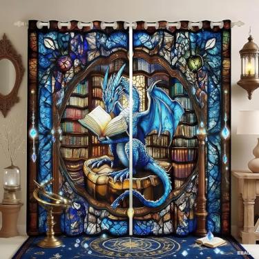 Imagem de Cortinas de janela infantil dragão ocidental, estante de livros de leitura de dragão azul, cortinas de janela para meninos e meninas, patchwork geométrico, abstrato, trippy chique, tratamentos de