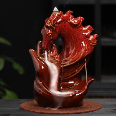 Imagem de HaisWonsa Suporte para queimador de incenso manual de cavalo – Queimador de cachoeira de cerâmica, suporte de incenso de fonte de fumaça de cavalo refluxo com cone e pinça e tapete para aromaterapia