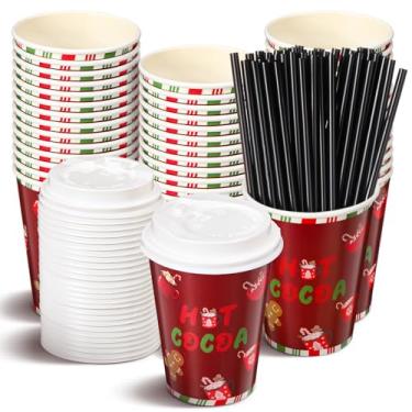 Imagem de Jingmore 50 peças de copos de papel para festa de Natal 340 g Copos de café descartáveis para festas de fim de ano copo de chocolate quente a granel com tampas canudo suprimentos de cacau quente para