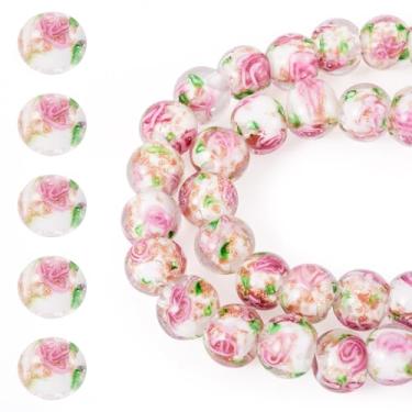 Imagem de Spritewelry 40 peças de contas de vidro para pulseiras, contas de vidro redondas rosas de 10 mm Rondelle Lampwork espaçador com flor para fazer joias, colar, brincos, artesanato DIY