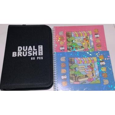Imagem de Kit Artístico Dual Brush, 60 Canetas Ponta Dupla + 2 Cadernos Espiral Decorados com Ursinhos