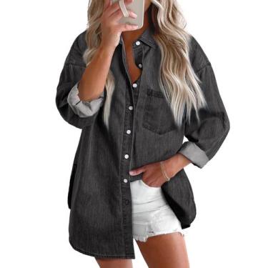 Imagem de Blusa feminina elegante, jeans, chambray, namorado, cinza escuro - Ast