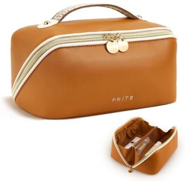 Imagem de Bolsa de maquiagem Prite Travel à prova d'água de material vegano marr