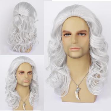 Imagem de Perucas longas e encaracoladas masculinas sintéticas resistentes ao calor para uso diário em festas de Halloween cosplay (branca)