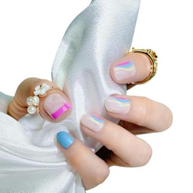 Imagem de Unhas postiças com base quadrada nude com detalhes de listras amarelas rosa azul | Qualidade de salão | Kit de 24 unhas - 12 tamanhos com 48 abas de geleia | Unhas postiças reutilizáveis duráveis e