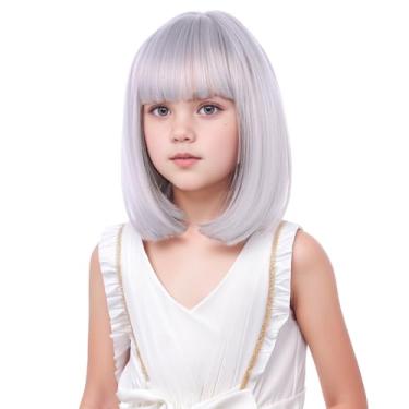 Imagem de Edivd Peruca infantil cinza prata bob meninas curta prata cinza peruca reta criança cinza claro peruca sintética resistente ao calor peruca com touca de peruca