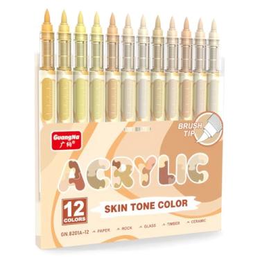 Imagem de Guangna 12 marcadores de tinta acrílica de tom de pele, canetas de tinta acrílica com ponta de pincel para pintura de abóbora, pintura rupestre, madeira, vidro, papel, livro de colorir, cerâmica, tela