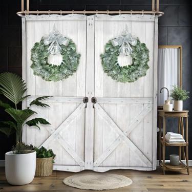 Imagem de Miyotaa Conjunto de cortina de chuveiro para porta de celeiro de Natal 152 cm L x 183 cm A coroa rústica de casa de banho de madeira de madeira para férias com 12 ganchos