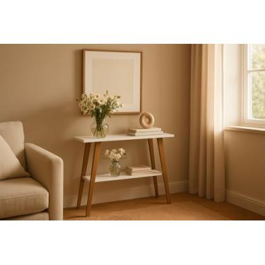 Imagem de Aparador Monaco, MDF Branco com Pés em Pinus, 2 Prateleiras, 95 x 37 x 77,4 cm