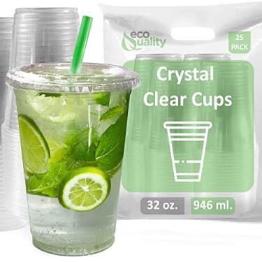 Imagem de Copos descartáveis de plástico transparente com tampas e canudos de smoothie 25 unidades - 946 ml (onças) Copo PET transparente para vitaminas, shakes de proteína, chá de bolhas, café gelado, Boba,