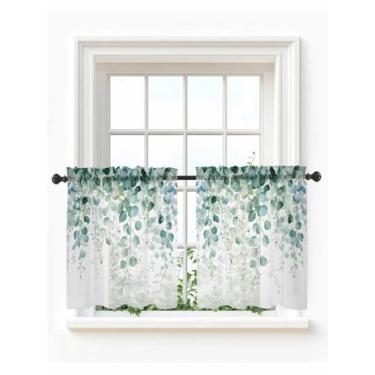 Imagem de Cortinas transparentes de folha de eucalipto para cozinha, 91,4 cm de comprimento, folhas botânicas verdes molas, cortinas de janela de café pequenas, bolso para varão, plantas, vinhas vanlance