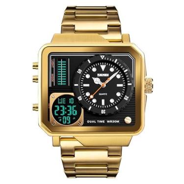 Imagem de Relógio Masculino 1392 Grande AnaDigi Analógico Digital Quadrado Multifuncional Original Cronômetro Calendário Ponteiro Luminoso Luz Led Noturna (Dourado)