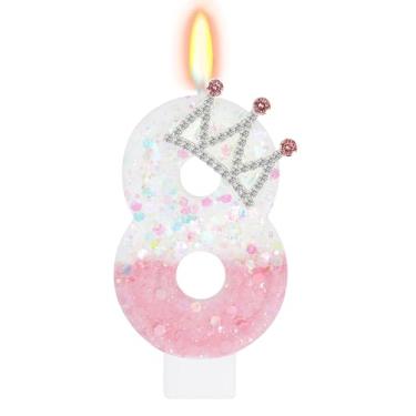 Imagem de ElekFX Vela número 8 rosa e branca, topo de bolo com coroa de glitter, decorações de festa de aniversário de princesa para meninas e mulheres, lembrancinhas de festa de aniversário