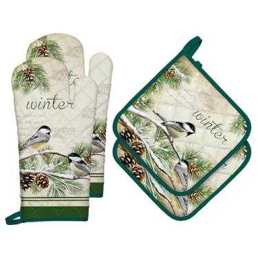 Imagem de Arquiel Conjuntos de luvas de forno e suportes de panela de folha de pássaro de inverno, 4 peças, 100% algodão, resistentes ao calor, luvas de forno extralongas para cozinha, cozinha, decoração de
