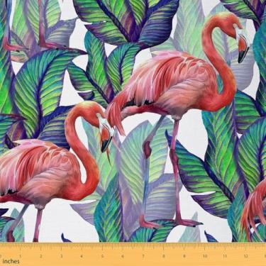 Imagem de Tecido Flamingo Rosa por Yard Aquarela Animal Selvagem Plantas Tropicais Tecido para Crianças Meninos Meninas Exterior Botânico Folhas Estilo Selva Tecido para Decoração de Quarto e Estofamento DIY 3