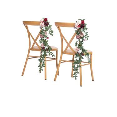 Imagem de Conjunto de 10 decorações de cadeira de casamento, flores artificiais, branco, borgonha e rosa empoeirado, guirlanda para cerimônia, recepção, igreja, arranjo de festa, casamento, corredor, decoração