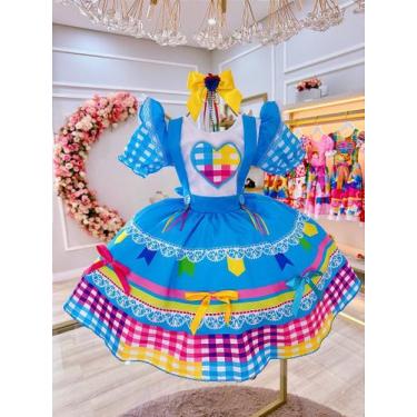 Imagem de Vestido Infantil Junino para Festas Azul Colorido Luxo - Tamanho P, M,