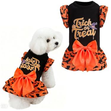 Imagem de EXPAWLORER Vestidos de Halloween para cães pequenos e filhotes, camisa social para meninas, roupas para festas de fim de ano, saia quente