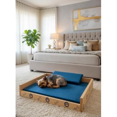 Imagem de Cama Pet Duquesa Luxo Conforto para Cachorros e Gatos Estrutura MDF Tecido Gorgurão Travesseiro Incluso - Azul
