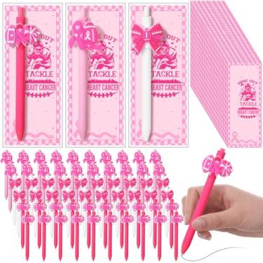 Imagem de Engrowtic 48 conjuntos de canetas de conscientização sobre o câncer de mama a granel, canetas esferográficas de fita rosa de futebol com cartões motivacionais, bolsas de presente para mulheres, jogos