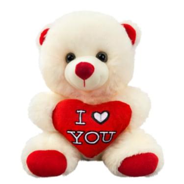 Imagem de Ursinho de Pelúcia com Coração 21cm – Bordado ou Lantejoulas Brilhantes (BRANCO)