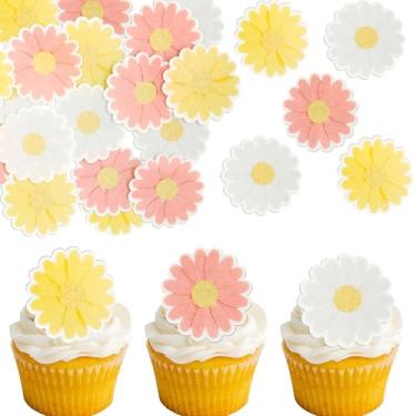 Imagem de Ephlyn 48Pcs Edible Daisy Cupcake Toppers Wafer Paper Flower Cake Topper Decorations Flower Chrysanthemum Party Decorations for Birthday Wedding Birthday Party Supplies White Pink Yellow