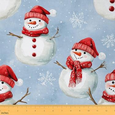 Imagem de Tecido de boneco de neve de desenho animado por jarda, tecido de estofamento de boneco de neve de feliz Natal, tecido decorativo de floco de neve para móveis de estofamento de sofá, artesanato e