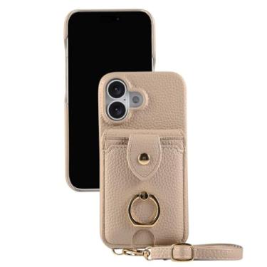 Imagem de POYUFRG Capa transversal para iPhone 17 Pro Max/17 Pro/17 Air/17, capa carteira de couro elegante com porta-cartões e suporte de anel de metal, bege, 17 Pro