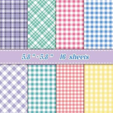 Imagem de Bloco de papel vintage retrô quadriculado para artesanato – 16 folhas, 8 padrões xadrez clássicos – 14 x 14 cm de espessura, cartolina para projetos "faça você mesmo"