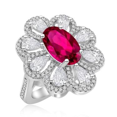 Imagem de Uloveido Anel de noivado oval para mulheres simulado rubi vermelho zircônia cúbica aglomerado de flores halo coquetel declaração joia de aniversário, 8, Cristal, Zircônia cúbica