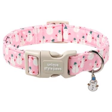 Imagem de Unique Style Paws Coleira de Natal, coleira rosa com estampa de boneco de neve para cães pequenos, coleiras de algodão macio com fivela ajustável para cães pequenos, médios e grandes