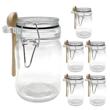 Imagem de Kit 6 Pote Hermético De Vidro Com Trava e Colher de Bambu Redondo 280m