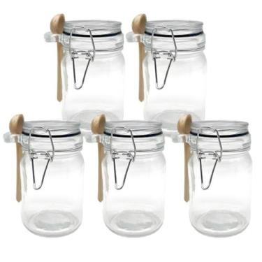 Imagem de Kit 5 Pote Hermético De Vidro Com Trava e Colher de Bambu Redondo 280m
