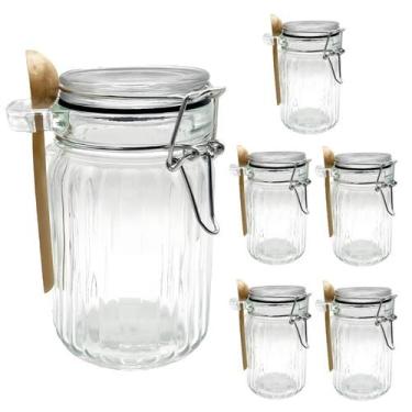 Imagem de Kit 6 Pote Hermético De Vidro Com Trava e Colher de Bambu Redondo 280m