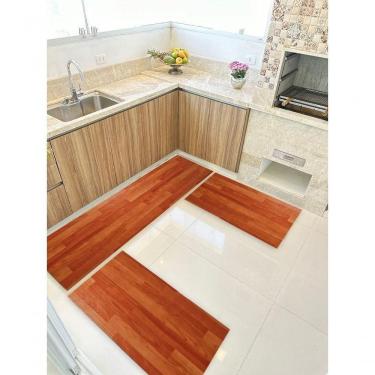 Imagem de Kit 3 Peças Jogo Cozinha Passadeira Manta Vinilico Laminado Madeira Marrom Claro