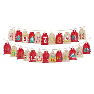 Imagem de predolo 24x Sacos de calendário do advento de Natal, bolsa de presente, decoração para casa, bolsa de estopa reutilizável, sacos de doces para árvore de, Vermelho E Linho
