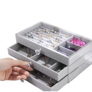 Imagem de Porta Joia Acrílico 3 Camadas Brinco Anel Compartimento caixa de armazenamento de jóias (Cinz 3 camadas (G) Y490-38-GY)