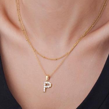 Imagem de Colar de letras em camadas douradas com pingente de pérola, colar com inicial personalizada em aço inoxidável, F, Aço inoxidável, Sem Pedra Preciosa