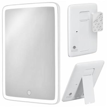 Imagem de Mavoro Espelho de maquiagem LED – Espelho de viagem recarregável de 18 x 23 cm com suporte – Produto de beleza com iluminação de parede para camarim ou viagens – Controle de toque e portátil com luzes