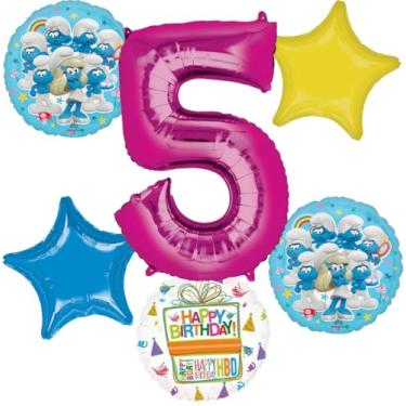 Imagem de Anagram 5th Birthday Party Supplies Girl Smurf's Theme Balloon Bouquet Decorations