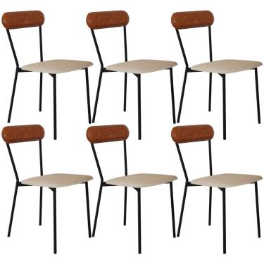 Imagem de Kit 06 Cadeiras Estofada Para Sala De Jantar Liora Preto C01 Linho Areia Courino Caramelo - Lyam Decor