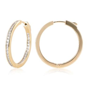 Imagem de JMLOON Brincos de argola de zircônia cúbica folheados a ouro 14K do avesso redondo com corte quadrado CZ para mulheres, 35mm, Latão, Zircônia cúbica